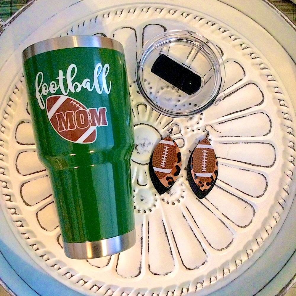 NWT “Football Mom” Set Lidded SS Tumbler & Earrings Stainless Steel Game Day